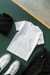 
White t-shirt neatly folded on a table with black pants and white sneakers, displayed in a flat lay style in a bright and modern setting