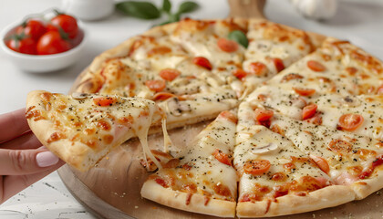 Woman taking piece of delicious cheese pizza at light grey table, closeup