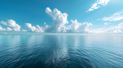 Wall Mural - a serene expanse of calm blue ocean under a partly cloudy sky. The horizon line, where the sea meets the sky