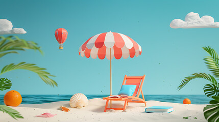 Poster - a serene beach scene. Against a solid blue background representing the sky, there’s a red and white striped beach umbrella in the center. Beneath it, an orange deck chair with a blue pillow invites re