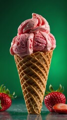 a strawberry ice cream cone with a bright green backgr background