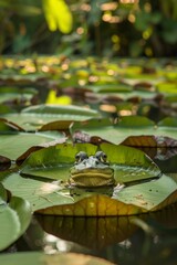 A playful animal takes a leisurely float on a vibrant lily pad in a serene exotic pond, surrounded by lush greenery. The animal's joyful expression adds to the comedic scene.