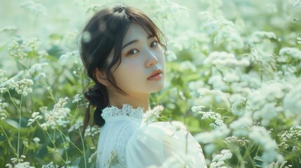 Poster - A woman stands among a field of white flowers