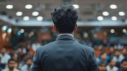 Wall Mural - An Indian man wearing formal attire and giving a presentation in front of people at the office, shot from behind as the person is facing away. Generative AI.