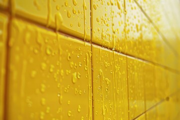 Poster - A close-up of a yellow tiled wall with water droplets on its surface