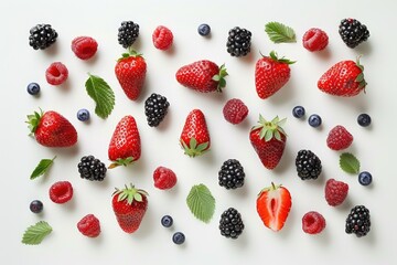 Poster - A selection of fresh strawberries, raspberries, blueberries, and mint leaves arranged on a white surface