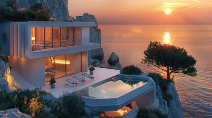 Poster - Dream home on cliff in sunset light, simple lines, plants, ocean view. Generative AI.