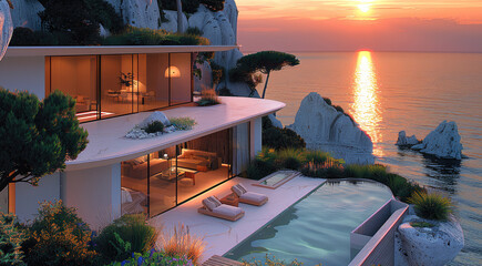 Poster - Dream home on cliff in sunset light, simple lines, plants, ocean view. Generative AI.