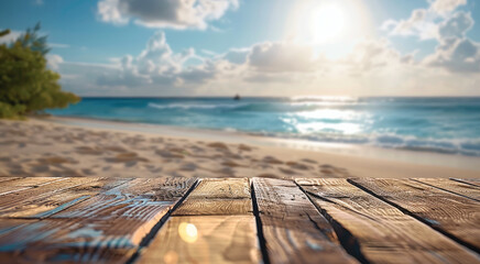 Aufkleber - Empty wood table top with beach blurred background for product display. Generative AI.