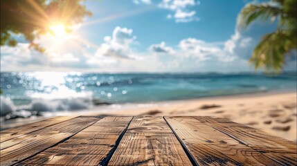 Aufkleber - Empty wood table top with beach blurred background for product display. Generative AI.