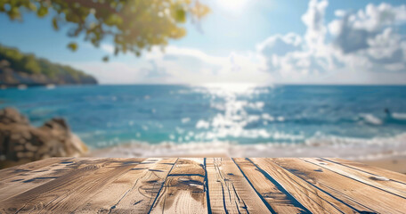 Aufkleber - Empty wood table top with beach blurred background for product display. Generative AI.