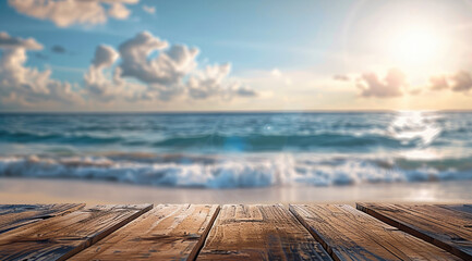 Aufkleber - Empty wood table top with beach blurred background for product display. Generative AI.