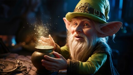 Poster - A gnome is pouring a potion into the pot on his head, AI