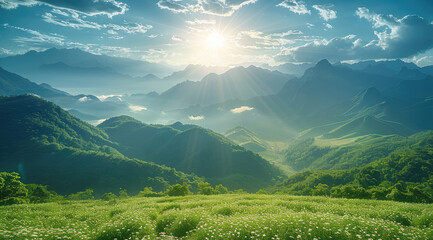 Poster - As the sun shines on the clouds, the mountains are green, the environment is green, the mountains are green, the fields are green, agricultural agriculture is green. Generative AI.