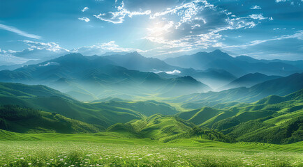 Poster - As the sun shines on the clouds, the mountains are green, the environment is green, the mountains are green, the fields are green, agricultural agriculture is green. Generative AI.