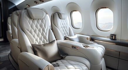 Poster - A jet seat with adjustable headrests, showcasing the ergonomic design and attention to passenger comfort. Generative AI.