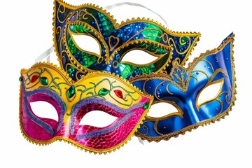 A colorful illustration of Mardi Gras masks, showcasing the vibrant spirit of Brazil's Carnival celebrations. Each mask is uniquely designed with feathers, glitter, and other decorative elements.