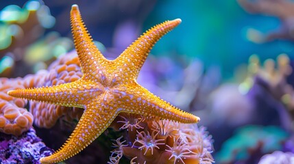 A vibrant orange starfish gracefully swimming amidst the colorful coral reefs of an exotic underwater world