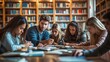 © acnaleksy - University students sitting together at table with books and laptop. Happy young people doing group study in library.