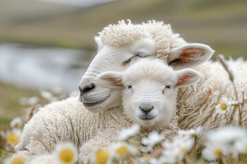 Sheep and Lamb Springtime Snuggle. Generative AI