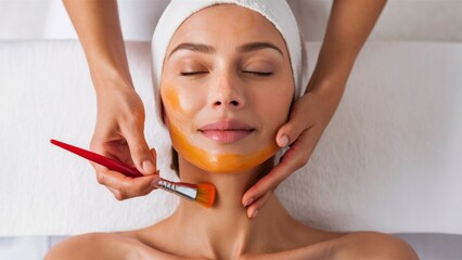 Sticker - A woman getting a facial with orange face mask and brush, AI