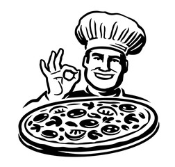 Wall Mural - Chef cook holding pizza and giving ok delicious gesture. Italian food restaurant emblem. Vector illustration