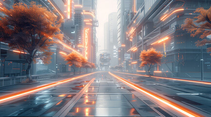 Aufkleber - Future sci-fi city, street view, empty streets, dusk, future technology concept city. Generative AI.