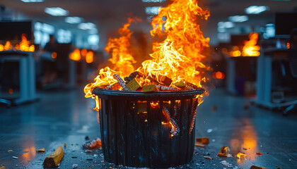 Poster - A fire has broken out in a room with a black trash can full of burnt wood
