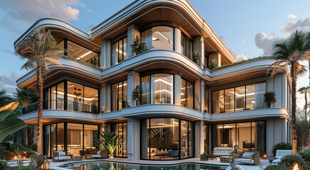 Aufkleber - Ultra modern luxury modern mansion , exterior design elevation , a sanctuary of opulence and sophistication, just immense space and stunning aesthetic. Generative AI.