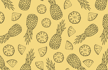 Pineapple pattern, vector seamless background of fresh pineapple fruits, hand-drawn, fabric print, gift paper