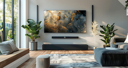 Poster - A flat screen television on the wall of an elegant living room, with a sleek and modern design and a black soundbar below it. Generative AI.