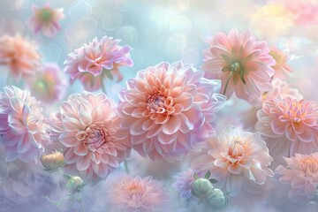 Poster - Soft Pink Dahlias Bloom in a Dreamlike Garden