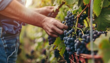 Wall Mural - Hands Harvesting Ripe Grapes in a Vineyard During Golden Hour