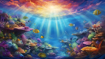 Wall Mural - Underwater scene with fishes and corals. Panorama. 3d render