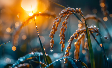 Wall Mural - A field of rice plants with a sun in the background. The sun is reflected in the water droplets on the plants