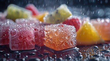 Aufkleber - Vibrant gummy bear ice cubes, dark background, tropical fruit garnish, covered in water droplets, evoking a tropical paradise in a drink. Generative AI.