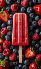 Wall Mural - A frozen strawberry and blueberry popsicle is surrounded by fresh berries