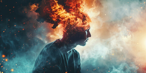 Wall Mural - concept burnout - illustration of a person whose head is dissolving into smoke and pieces

