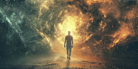 Wall Mural - Concept Burnout - Illustration of a person walking through a swirl of dark clouds