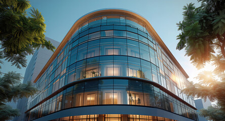 Poster - Office building in the center of city, modern, minimalist. Generative AI.
