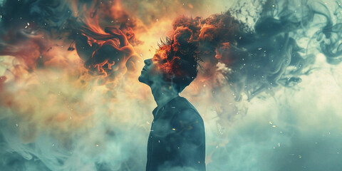 Wall Mural - concept burn out - illustration of a person whose head is dissolving into smoke and pieces