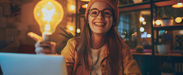 Poster - Image of woman having idea with light bulb icon