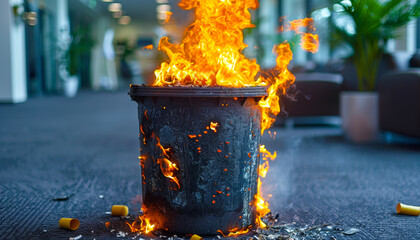 Poster - A black trash can is on fire. The fire is orange and yellow