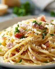 Wall Mural - Creamy Carbonara Pasta With Perfectly Cooked Spaghetti and Crispy Bacon