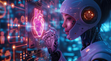 Leinwandbilder - An AI robot doctor using holographic technology to examine a patient's heart on a digital interface, with medical symbols in dominant purple, and recess blue neon color theme. Generative AI.