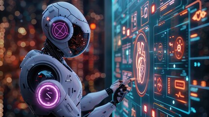 Leinwandbilder - An AI robot doctor using holographic technology to examine a patient's heart on a digital interface, with medical symbols in dominant purple, and recess blue neon color theme. Generative AI.