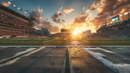 Wall Mural - A low angle view of an American football stadium at dusk, the stand in the foreground is concrete, in the background are city building. Generative AI.