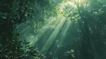 Canvas Print - A dense forest with rays of sunlight piercing through the canopy, creating a mystical atmosphere 