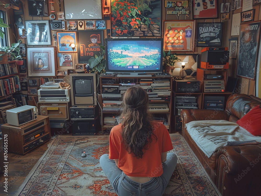 A person using a retro gaming console, surrounded by 90s posters and ...