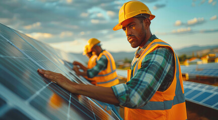 Poster - A team of professionals conducting a solar panel installation, emphasizing safety measures and meticulous workmanship in renewable energy. Generative AI.